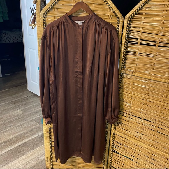 H&M Chocolate Brown long sleeve satin button front Dress large midi - Picture 1 of 9